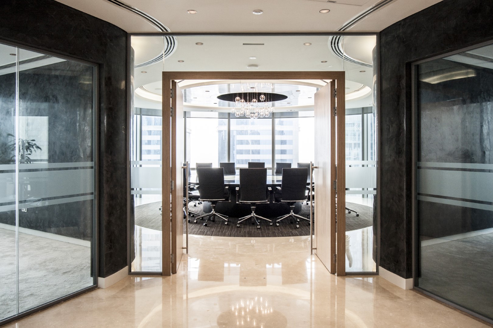Private office boardroom with chandelier