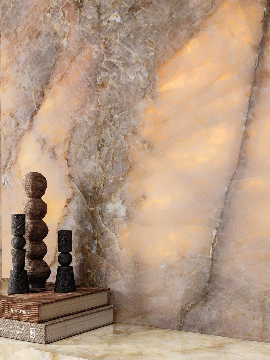 Golden ambra marble interior detail with sculptural objects