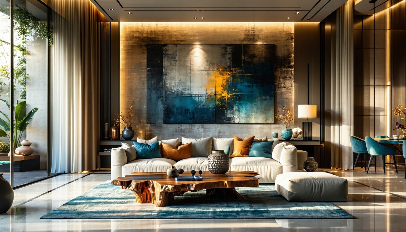 Bespoke gold-walled living room with abstract art